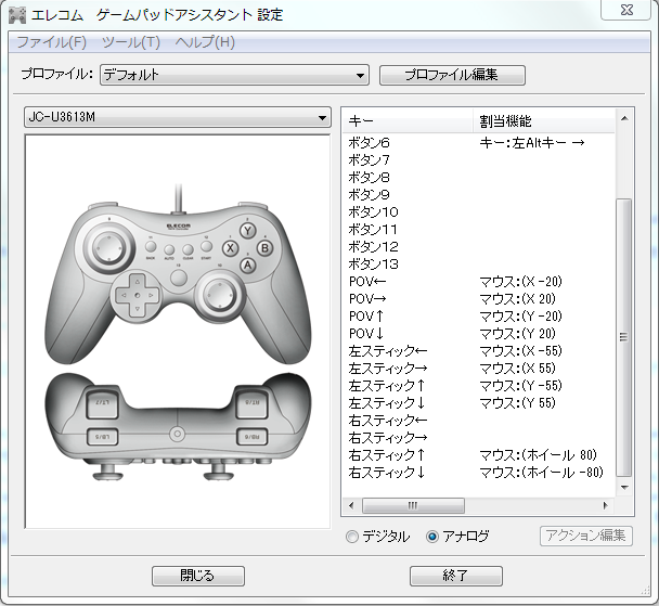 アナログパッドと十字キーの設定数値